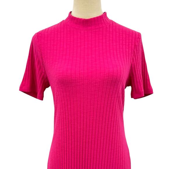 Anthropologie Court & Rowe Hot Pink Ribbed Mock Neck Bodycon Midi Dress - Picture 4 of 10